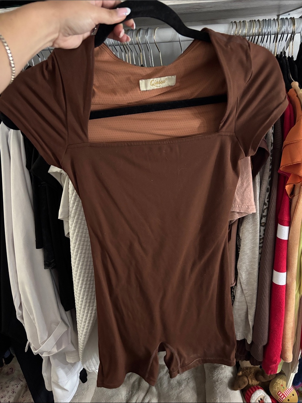 Brown Square-Neck Short Sleeve Bodysuit Romper by